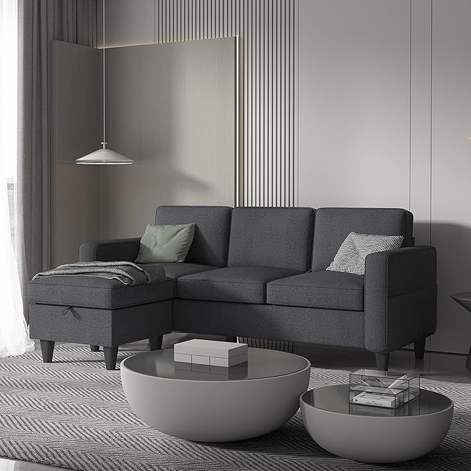 L-Shaped Sectional, Modern Linen Fabric 3-Seat Sofa Couch Furniture Set
