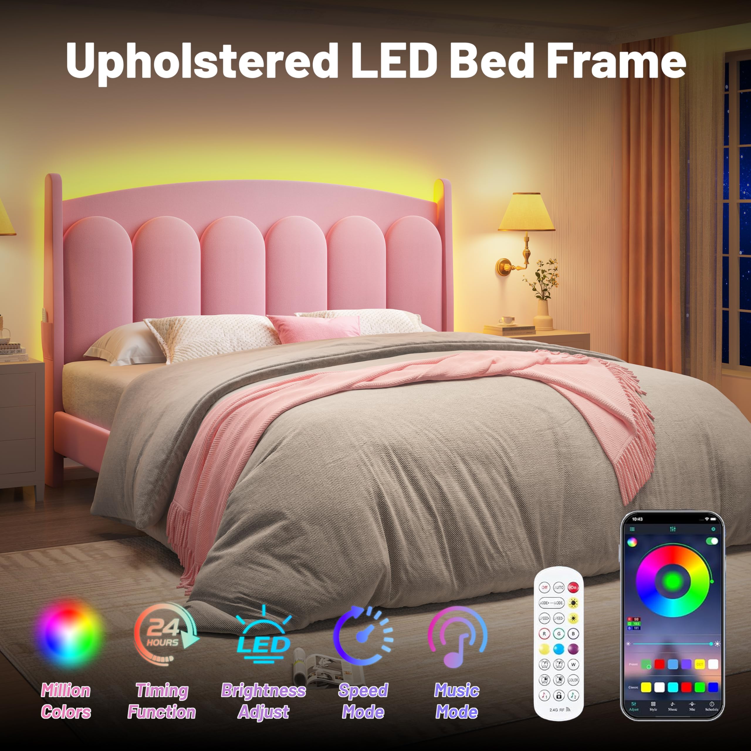 Queen Bed Frame with LED Lights and Adjustable Headboard