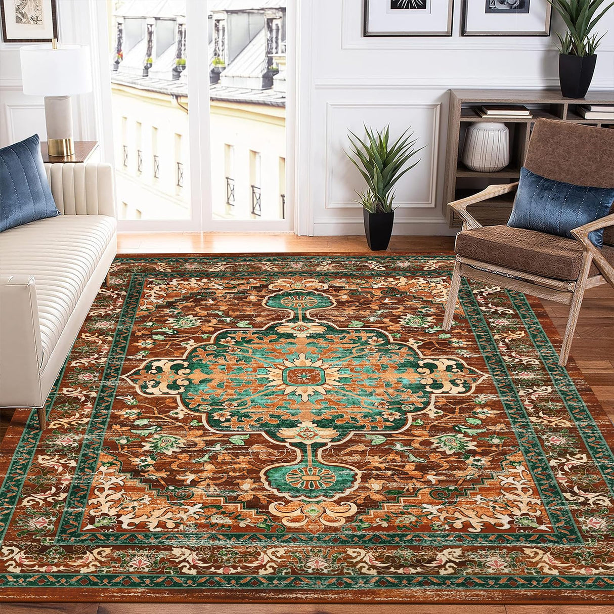 Boho Vintage Area Rug 5x7 Machine Washable Low Pile Ultra-Thin Soft Floor Carpet