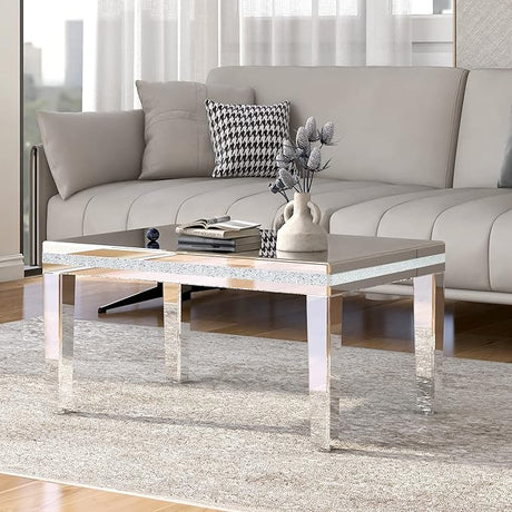 Mirrored Glass Coffee Table, Modern Side Coffee Table with Transparent Tempered Glass