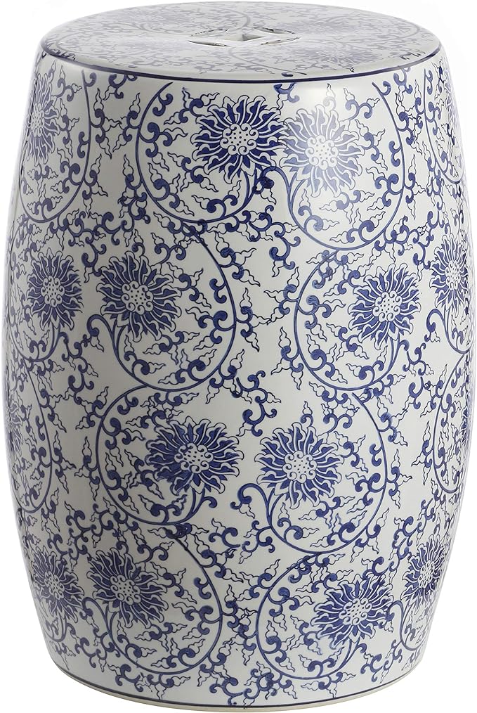 TBL1009A Lotus Blossom 17.5" Chinoiserie Ceramic Drum Garden Stool Bohemian, Coastal, Classic, Cottage,