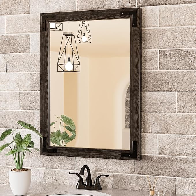 Brown Wood Framed Wall Mirror for Bathroom