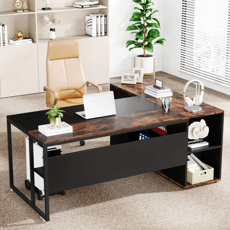 Large Computer Desk with File Cabinet, 71 inch Executive Desk L Shaped Office Desk