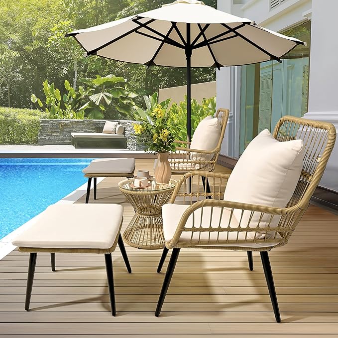 5 Piece Outdoor Patio Bistro Set with Ottoman, Patio Conversation Sets with Tempered Glass Top Side Table
