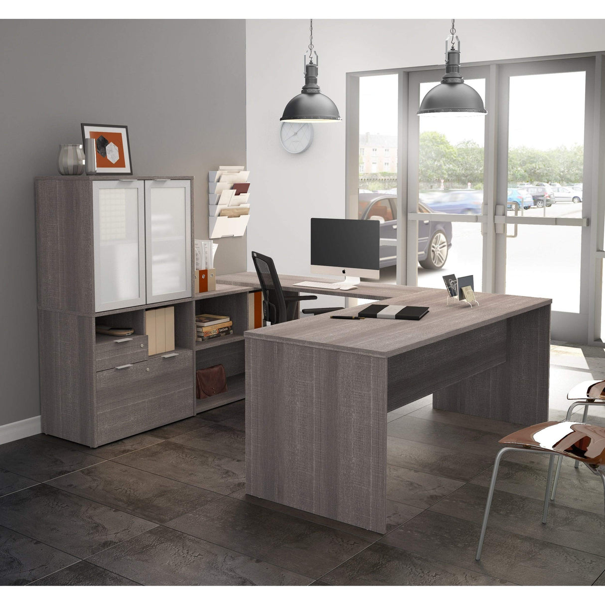 3 Plus U-Shaped Executive Desk with Frosted Glass Doors Hutch, 72W, Bark Grey