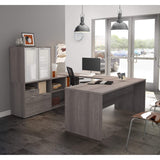 3 Plus U-Shaped Executive Desk with Frosted Glass Doors Hutch, 72W, Bark Grey