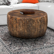 34-Inch Round Coffee Table with Damask Carved Pattern and Wooden Frame