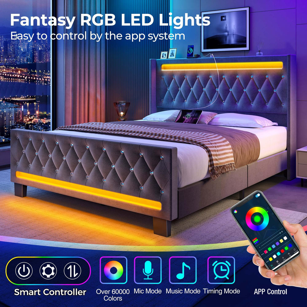 Rolanstar Full Bed Frame with LED Light and Charging Station, Upholstered High Headboard and Footboard, Wood Slats, Noise Free, Easy Assembly, Grey
