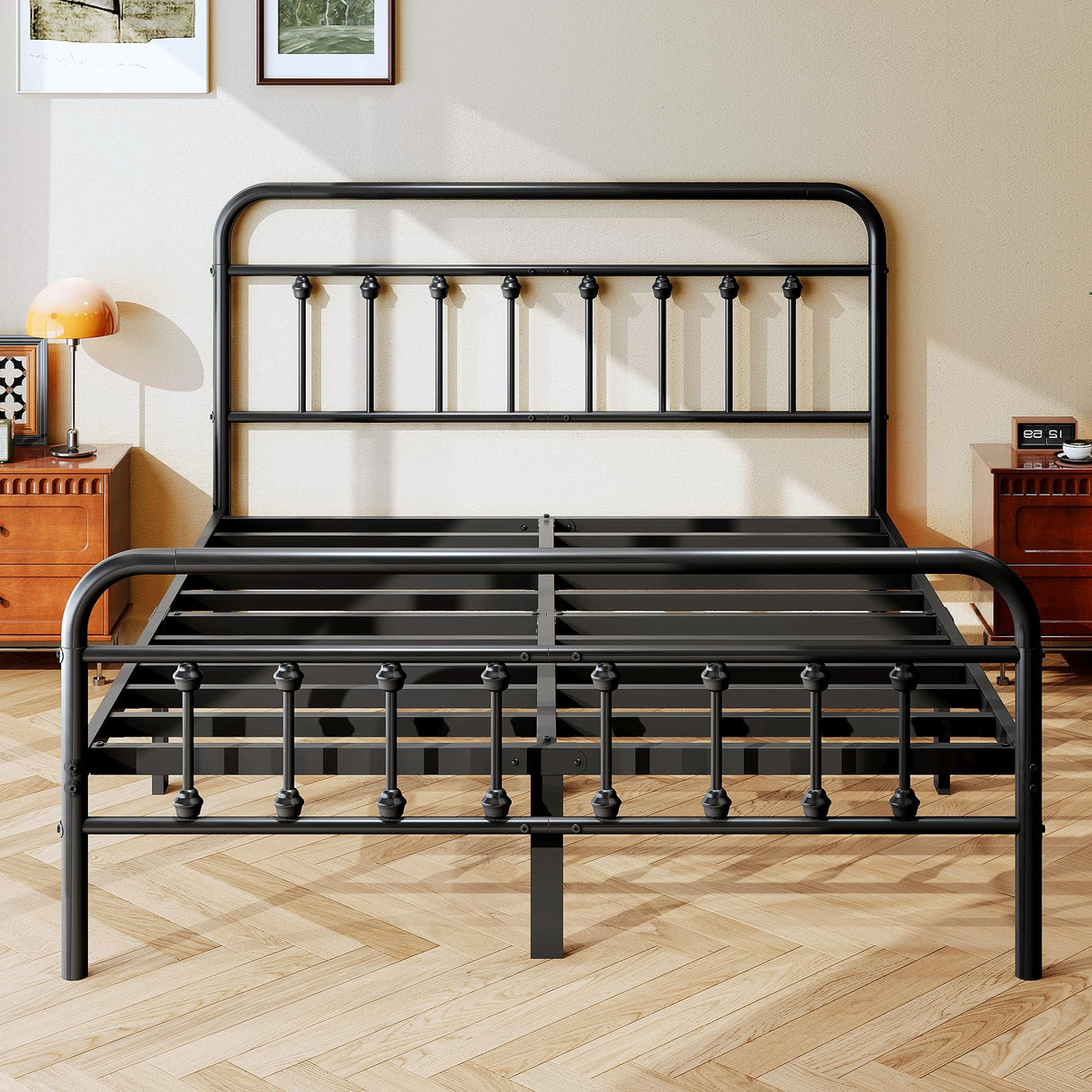 Queen Size Metal Platform Bed Frame with Victorian Headboard