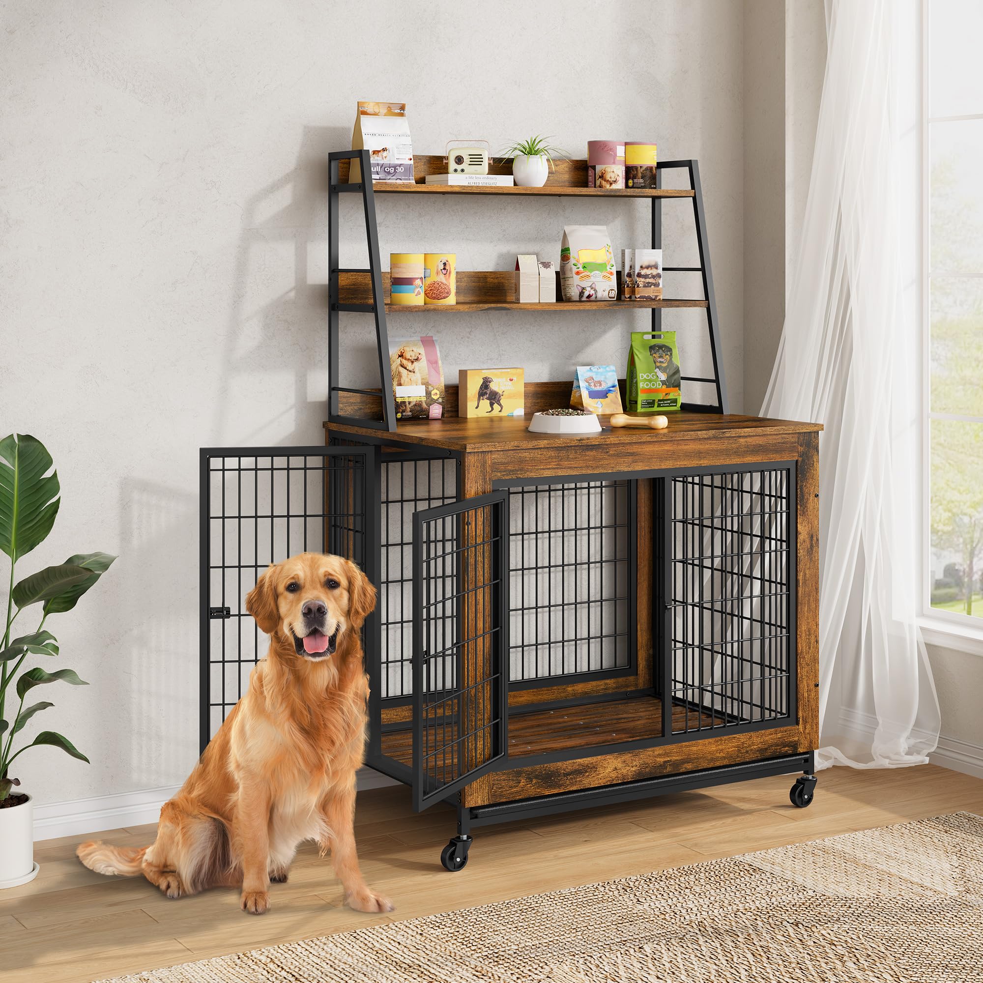 Large Dog Crate Furniture with Storage Shelves - 38" Wooden Pet Kennel End Table