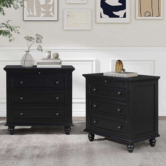 Nightstand with Storage, Wood Bedside End Table with 3 Drawers & Pull Out Tray