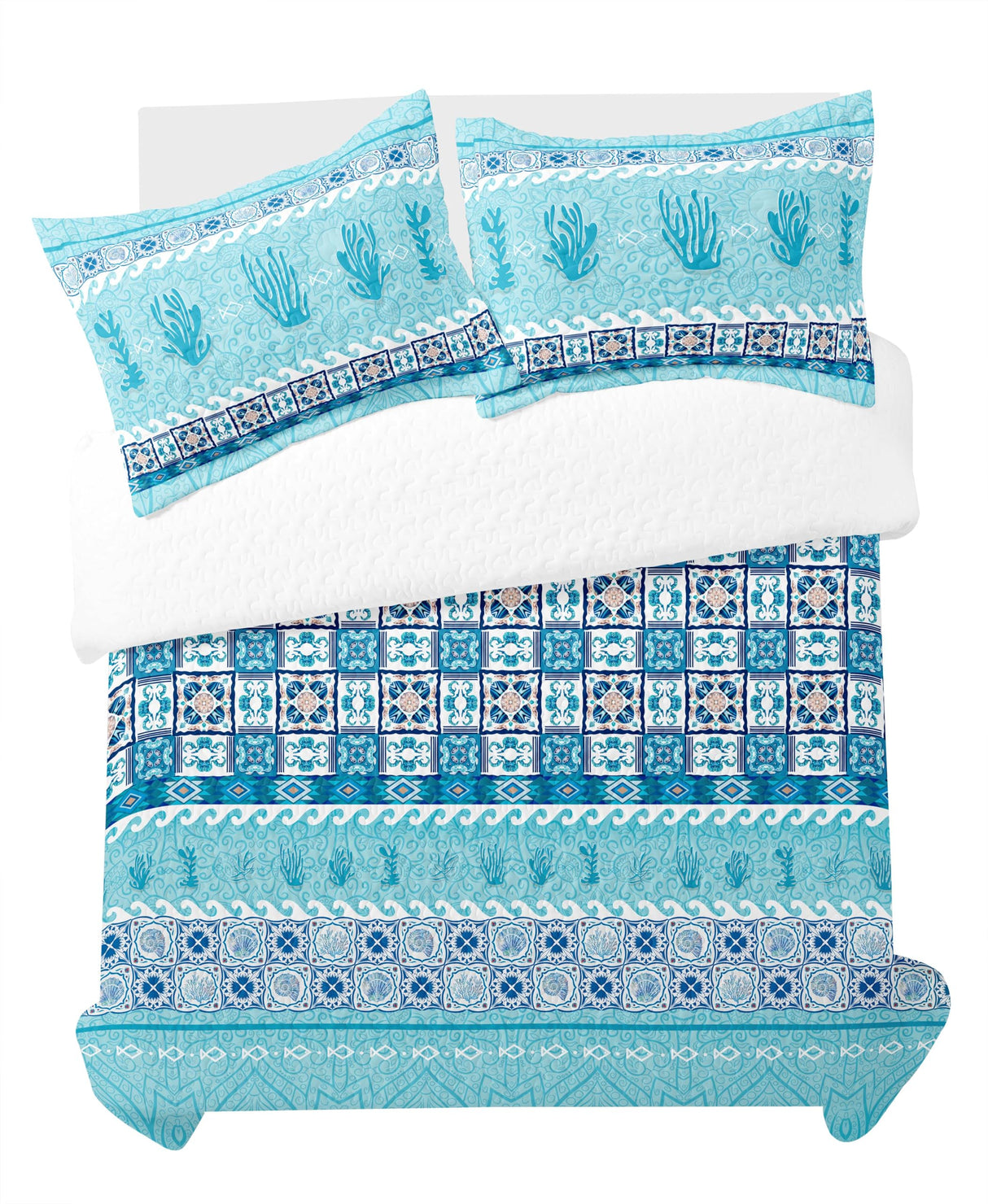 3 Piece Blue Coastal Quilt Sets Queen Size Microfiber Comforter Bedspread