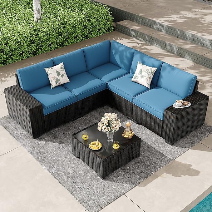 6 Pieces Outdoor Patio Furniture Set, Wicker Conversation Sets with Tea Table