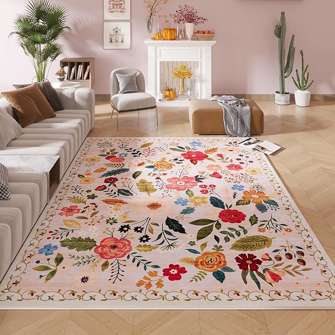 Christmas Rug 8x10 Area Rugs for Living Room Washable Rug Floral Non-Slip Large Rug