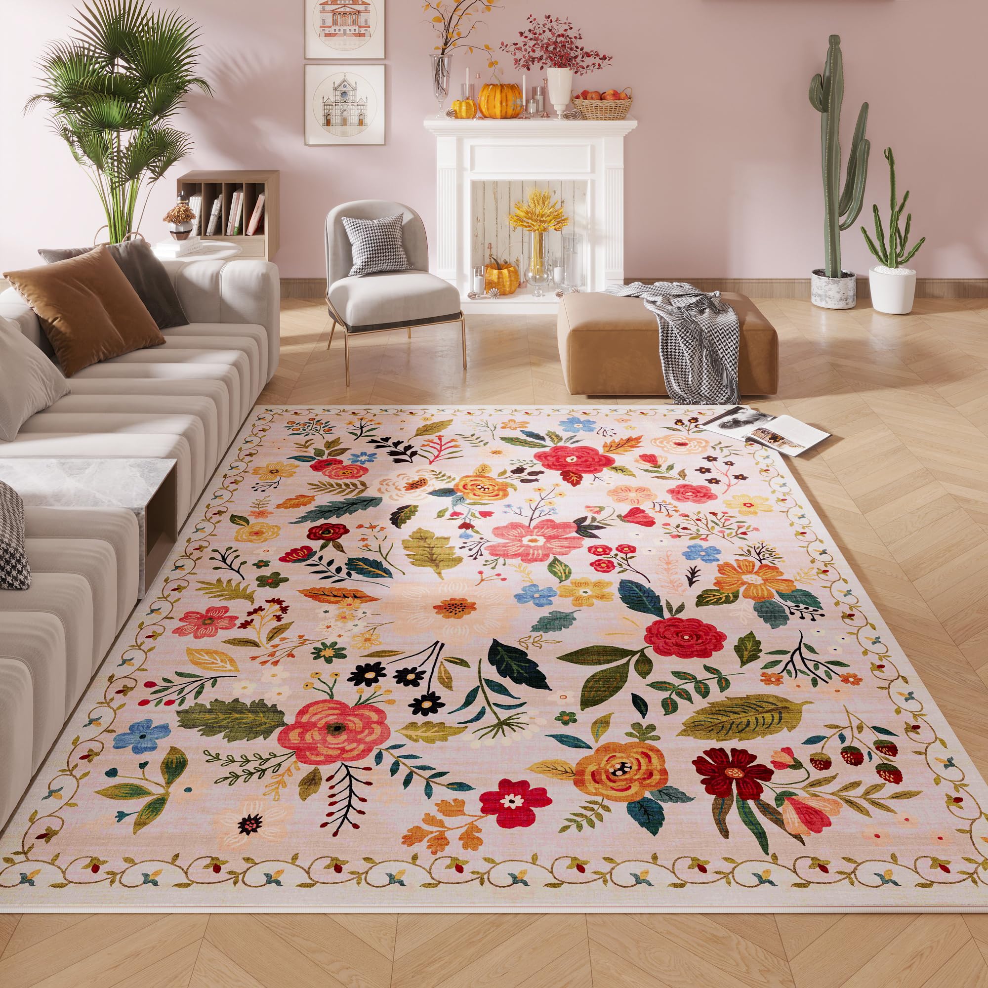 Living Room Rug 6x9 Rug Machine Washable Boho Area Rug Non Slip Floral Vintage