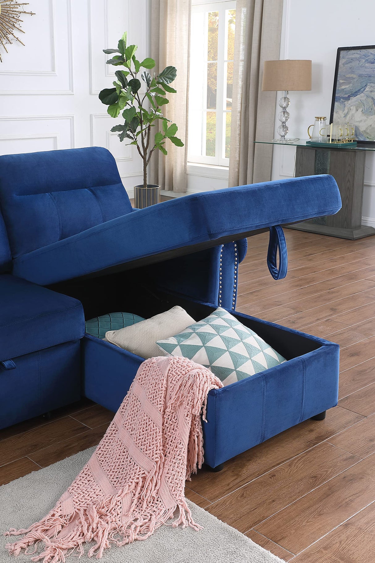 Ashton Blue Velvet Fabric Reversible Sleeper Sectional Sofa Chaise