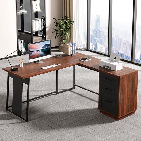 L-Shaped Computer Desk with Drawers, 55" Office Desk with File Drawer Storage