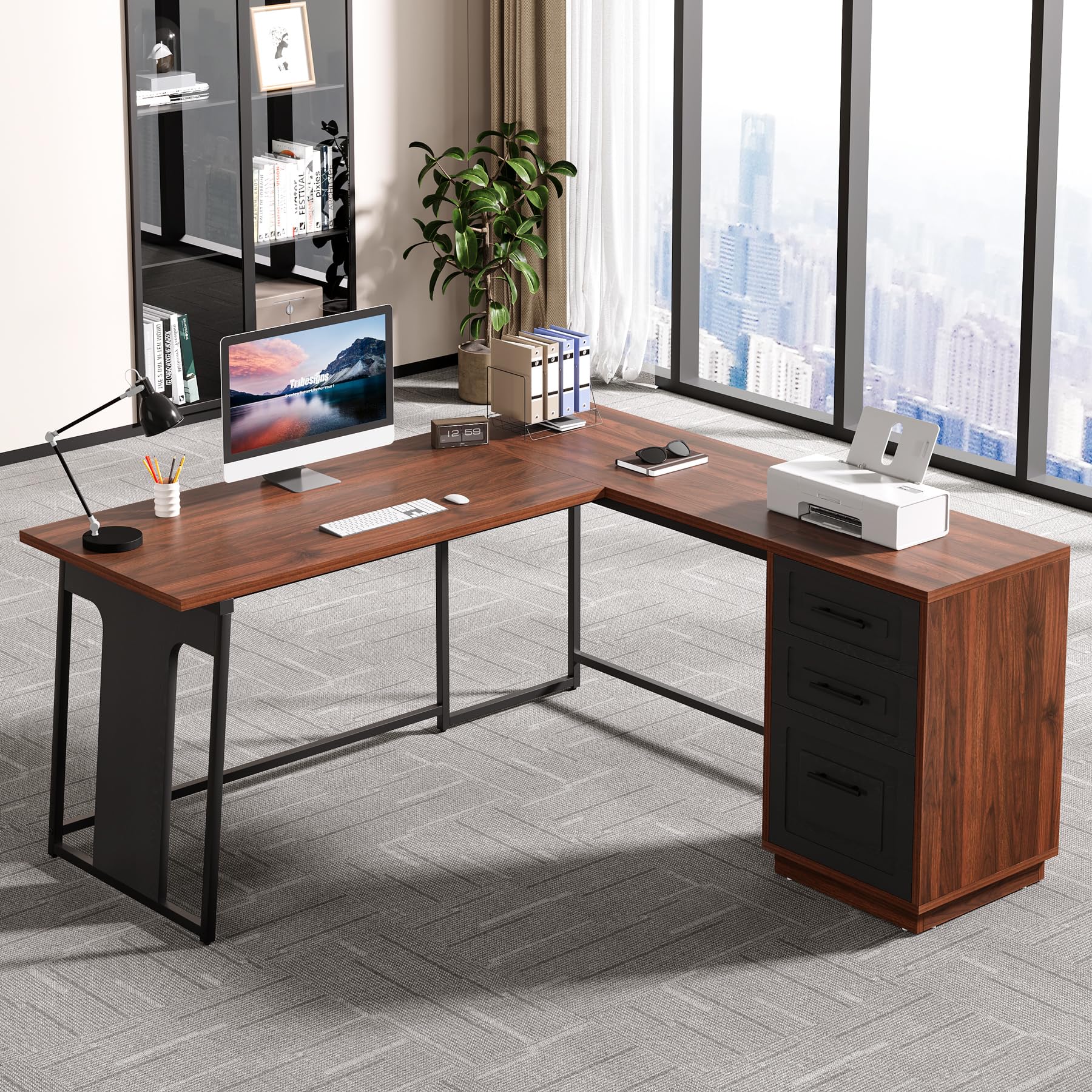 L-Shaped Computer Desk with Drawers, 55" Office Desk with File Drawer Storage