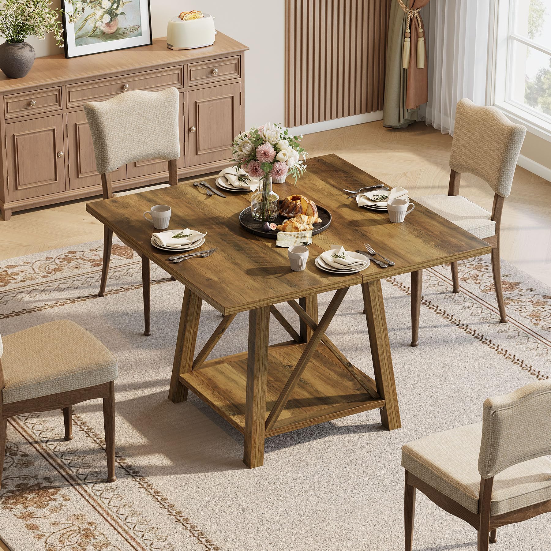 Square Dining Table for 4 with Shelf Storage
