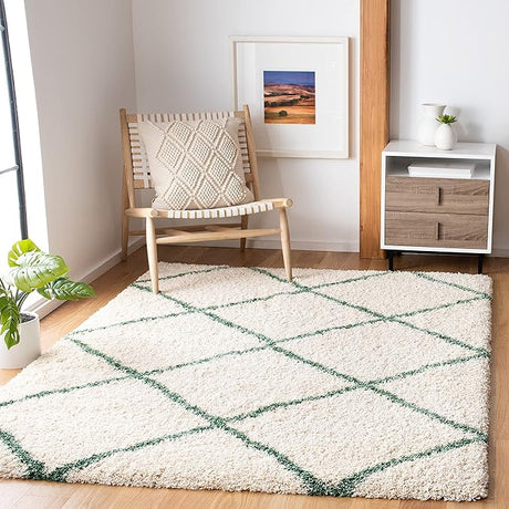 S Hudson Shag Collection Area Rug - 8' x 10', Ivory & Beige, Modern Trellis Design