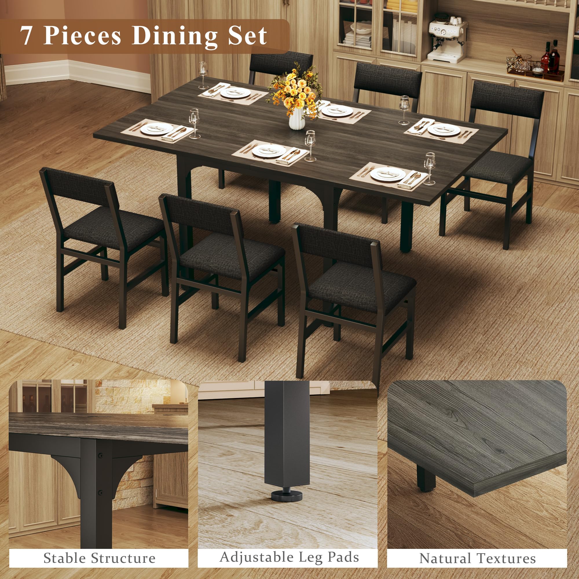 7-Piece Dining Table Set for 4-6, Extendable Kitchen Table Cushion Chairs Set of 6 with 6 Chairs, Rectangle Dining Table with Metal Frame & MDF Board, Folding for Small Apartment Saving Space,Grey Oak