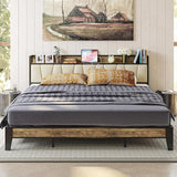 King Size Bed Frame, Storage Headboard with Charging Station, Solid and Stable