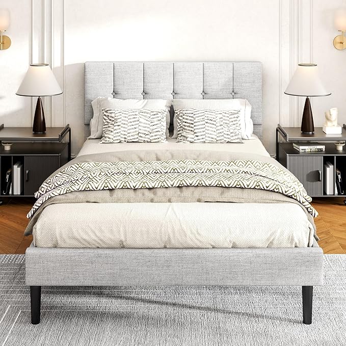 Full Size Bed Frame, Platform Beds with Upholstered Headboard