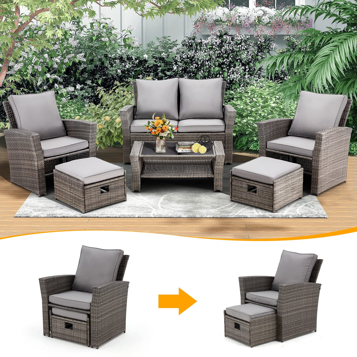 6 Pieces Patio Furniture Set, Outdoor Sectional Conversation Rattan Sofa Set