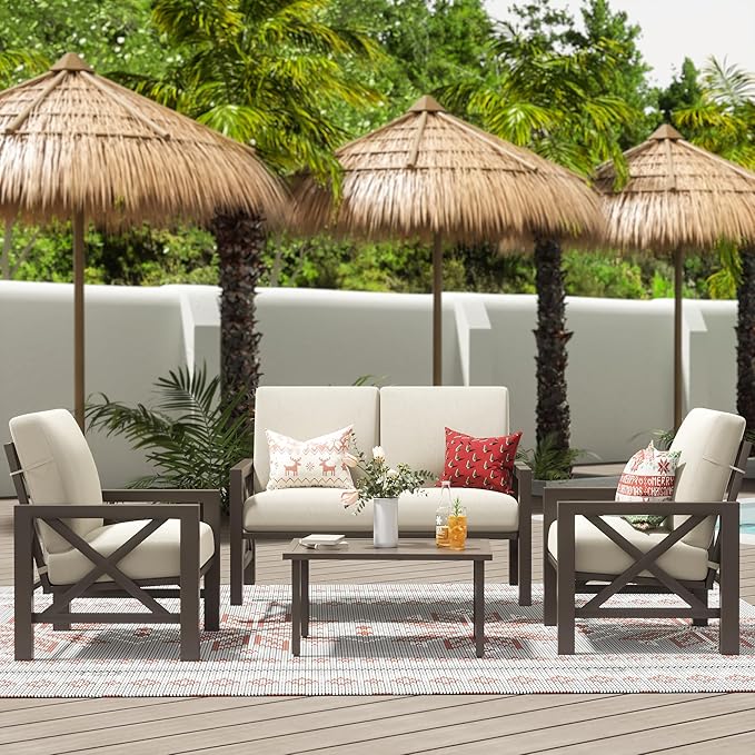 Patio Furniture Sets, 4 Pieces Outdoor Furniture Modern Metal Patio