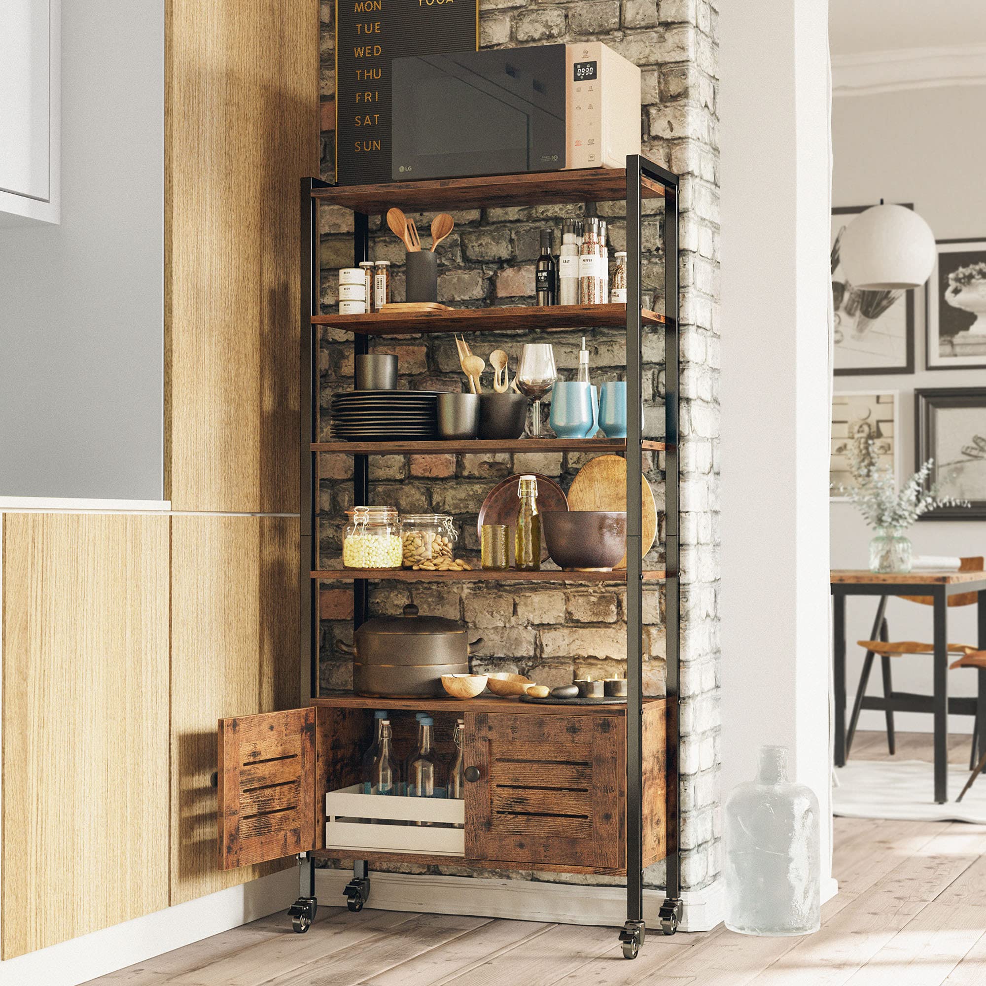 Bookshelf and Bookcase with Two Louvered Doors and Four Shelves, 27.6" Wide Standing Storage Cabinet for Living Room, Home Office, Bedroom, Washroom, Vintage Brown