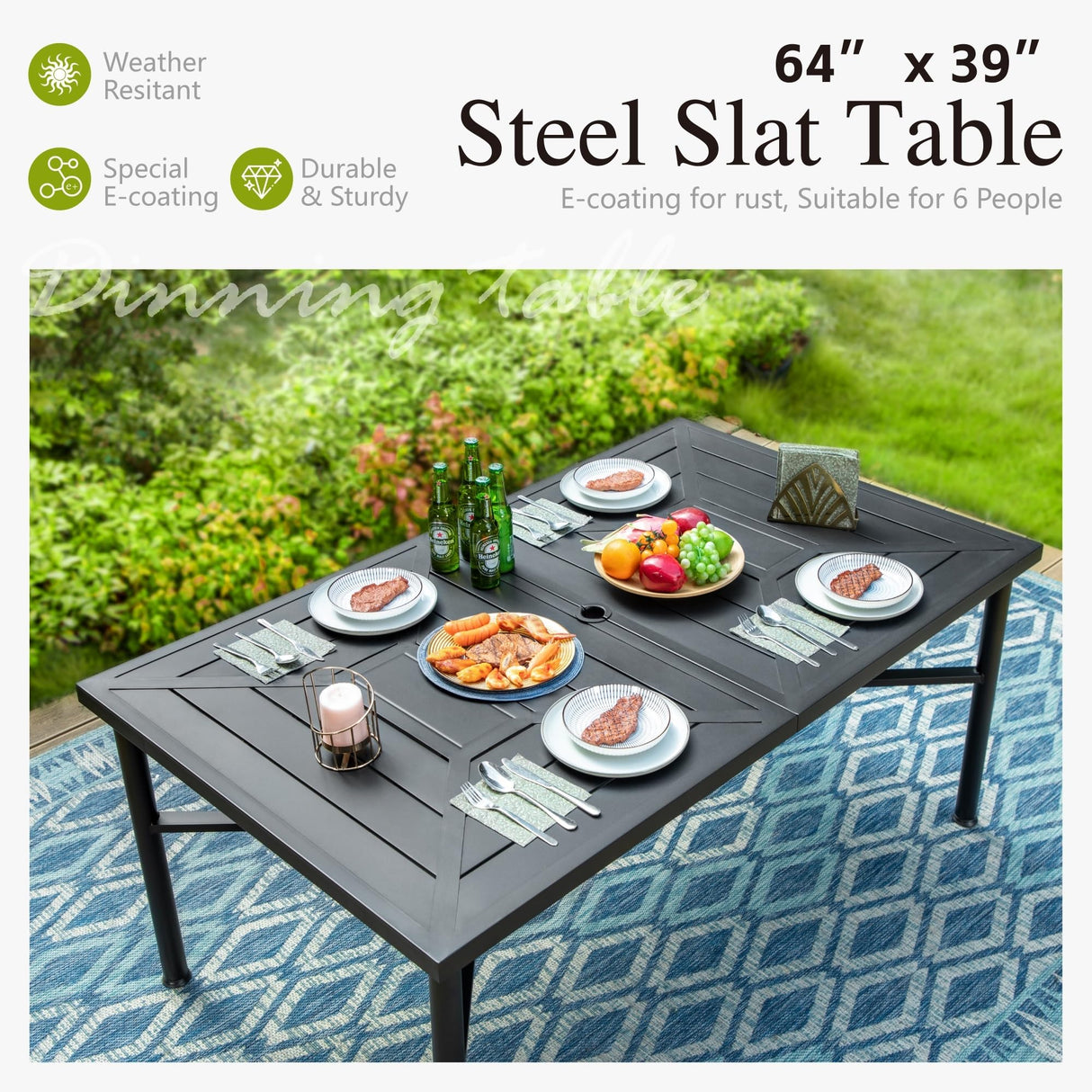 64" Large Outdoor Dining Table, Rectangular Metal Patio Table for 6