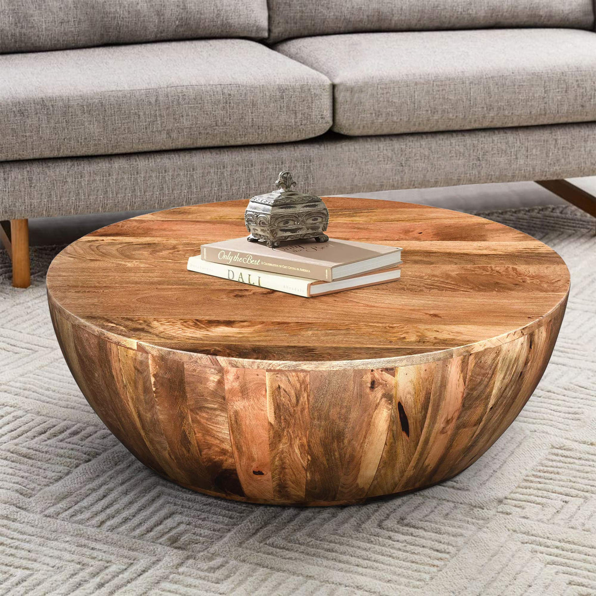 Mango Wood Coffee Table in Round Shape, Dark Brown