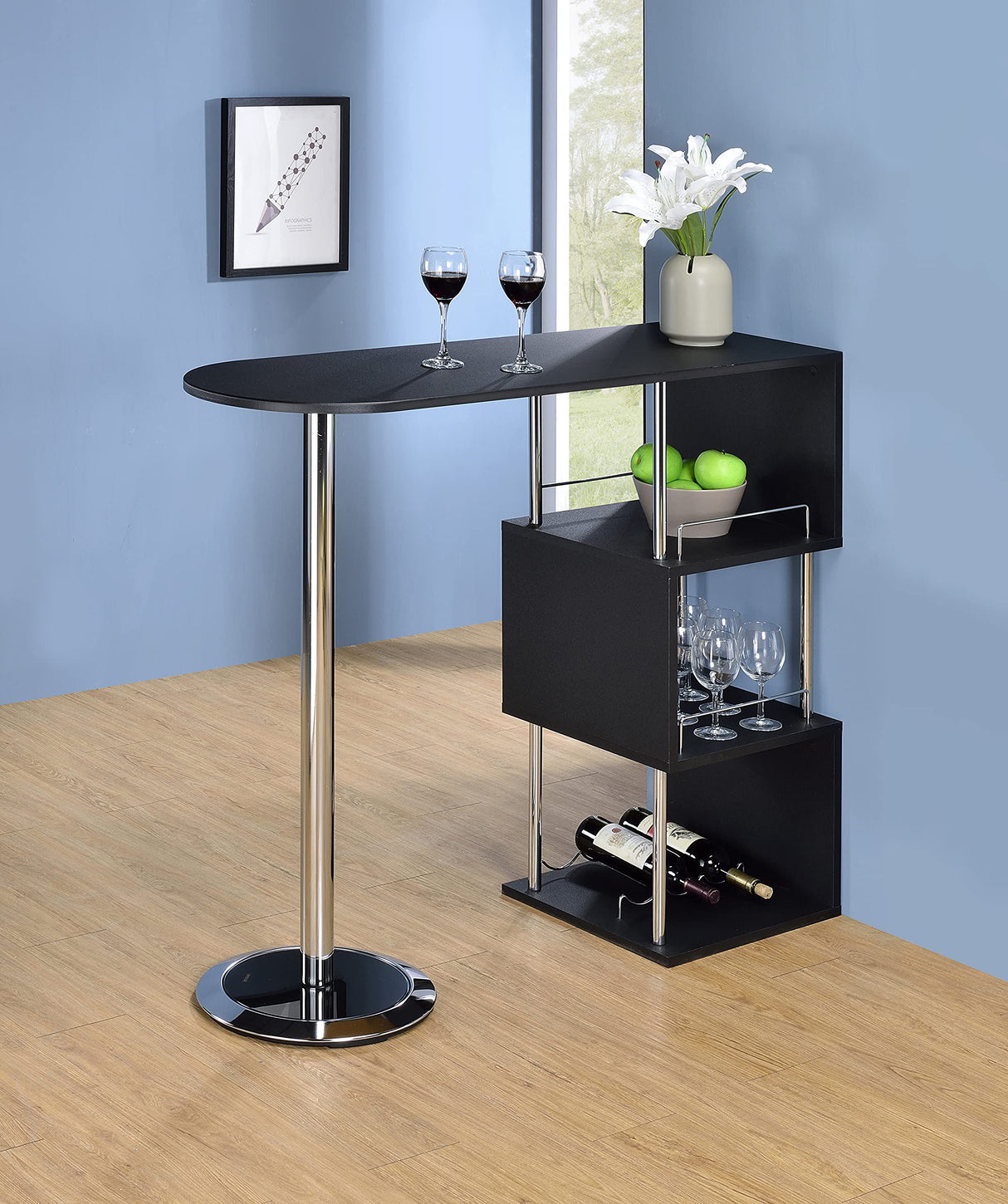 Minorca Modern Wine Bar Table w/Shelves (Black), Bkack