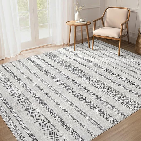 Area Rug 9x12 Washable Rug, Large Boho Moroccan Geometric Neutral Soft Rug for Living