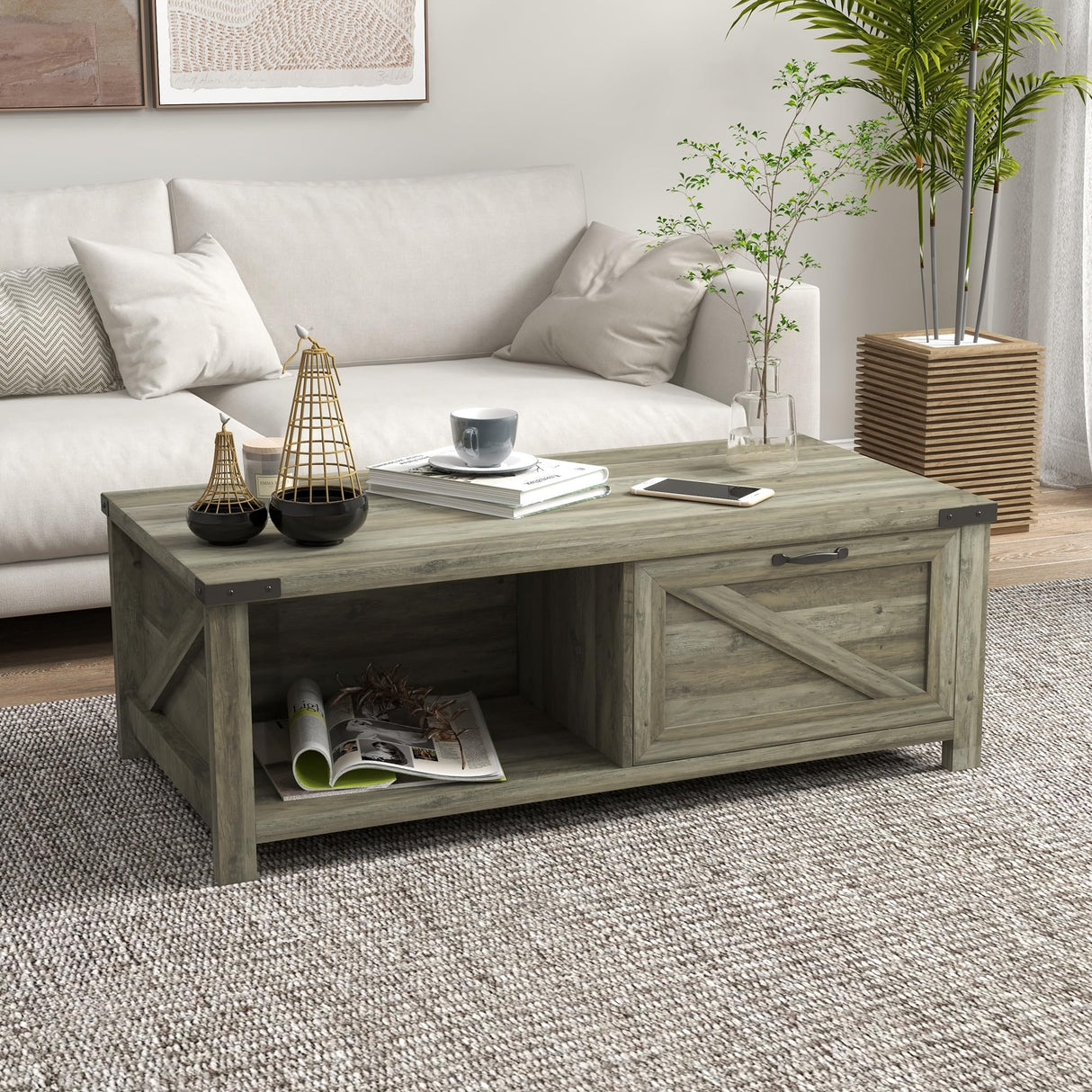 Farmhouse Coffee Table with Storage and Drawer, Rustic Coffee Table for Living Room,