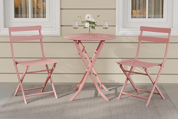 3-Piece Patio Bistro Sets, Outdoor Space-Saving Folding Bistro Table and Chairs, Patio Furniture Set with Strong Round Tube Metal Frame, Weather Resistant Conversation Set for Yard Garden, Green