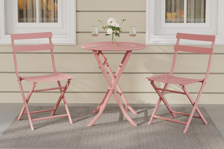coucheta 3-Piece Patio Bistro Set Folding Bistro Table and 2 Chairs Outdoor Furniture Sets with Premium Frame Space Saving Weather Resistant for Bistro Balcony Yard Garden Porch Lawn Round Tube Pink