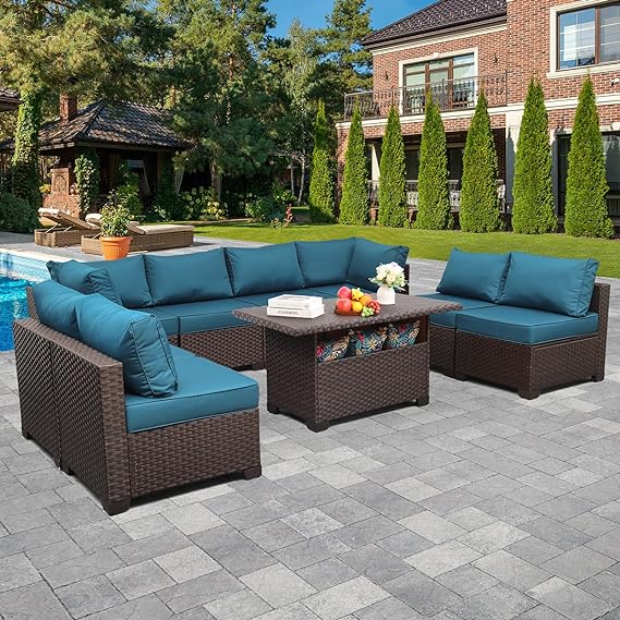 9-Piece Patio Rattan Furniture Set with Storage Table Outdoor Sectional Conversation