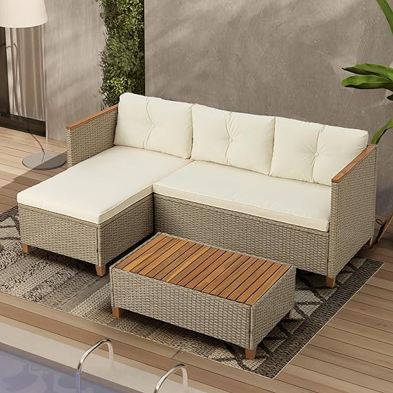 Patio Furniture Set 3 Piece Outdoor Sectional Sofa Couch All Weather Rattan Wicker