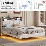 Floating Bed Frame with RGB LED Lights and Charging Station,Velvet Upholstered