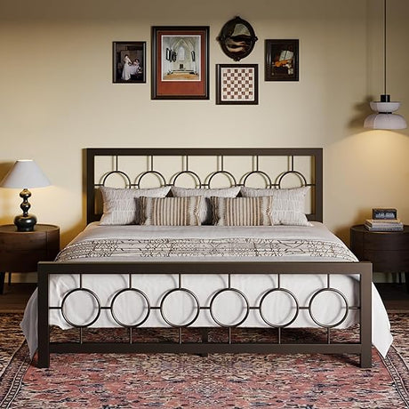 Queen Size Metal Bed Frame with Vintage Circular Design Headboard and Footboard