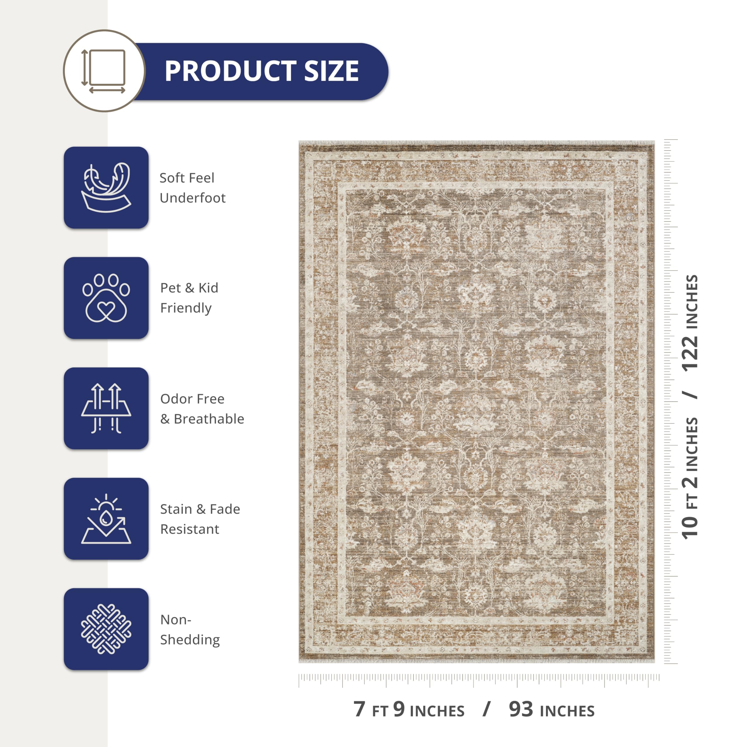 Oriental Vintage Area Rug 8'x10' Brown Rectangle for Living Room & Bedroom