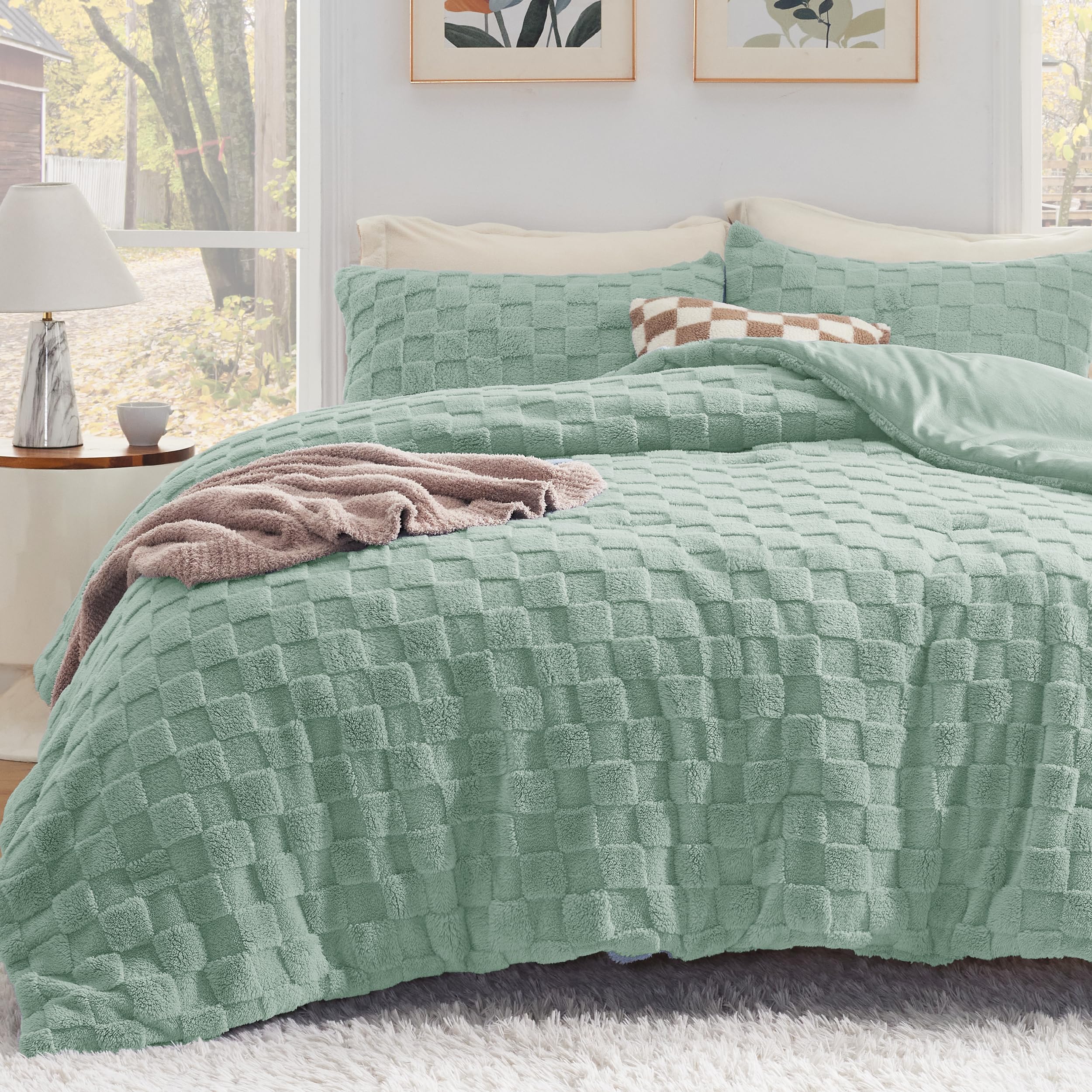 Fluffy Queen Comforter Set, Sage Green Sherpa Fleece Bedding Comforter Set