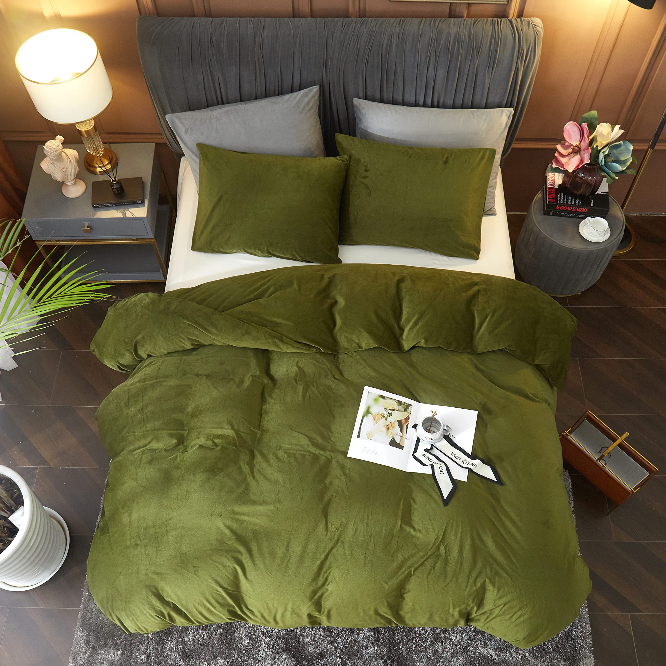 Velvet Duvet Cover Queen Set Sage Green Comforter Cover 3Pcs Ultra Soft Cover
