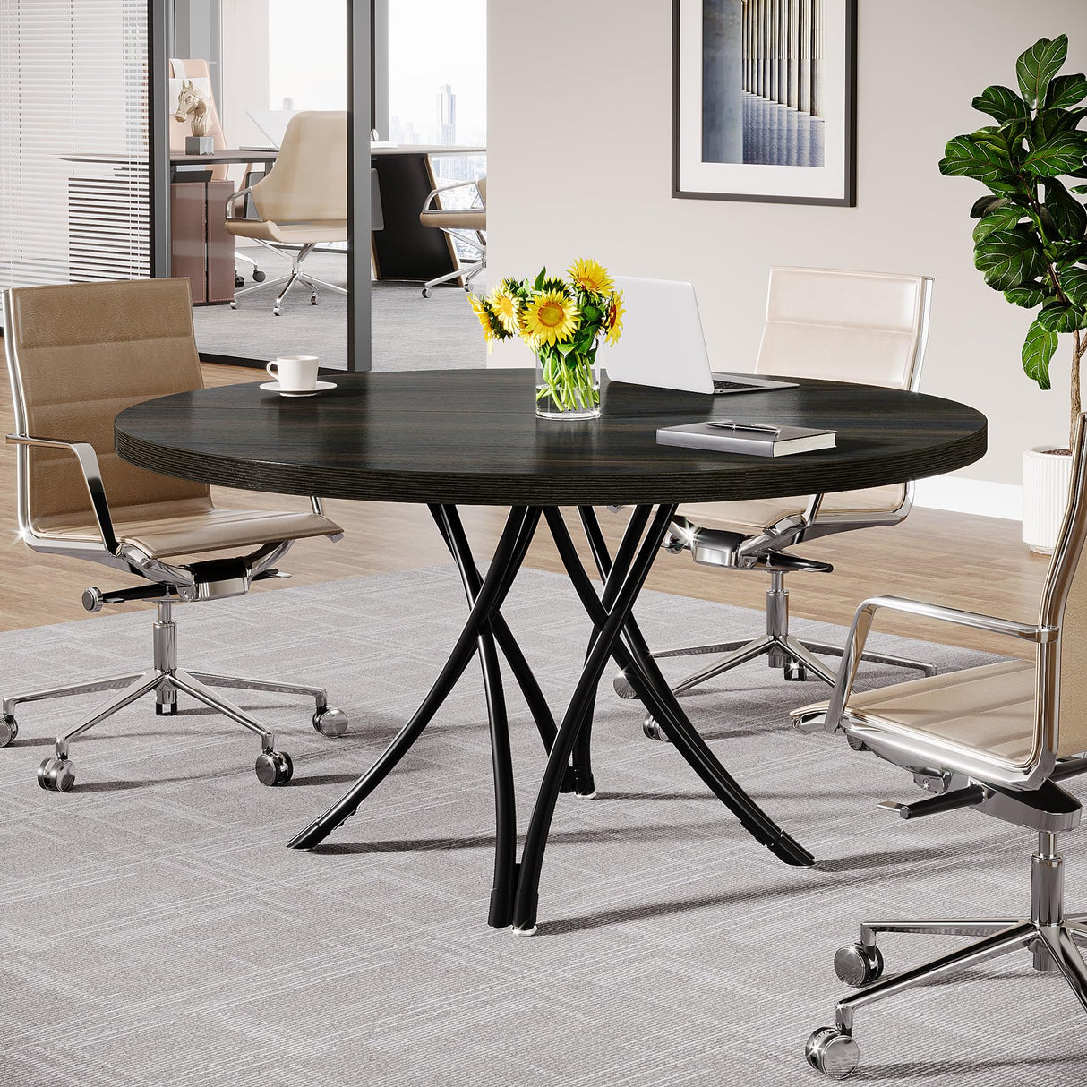 47" Round Conference Table, Modern Business Meeting Table for Office Conference Room