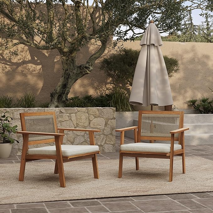 Outdoor Side Table, 17'' Tall Rope Acacia Wood Outdoor End Tables for Patio