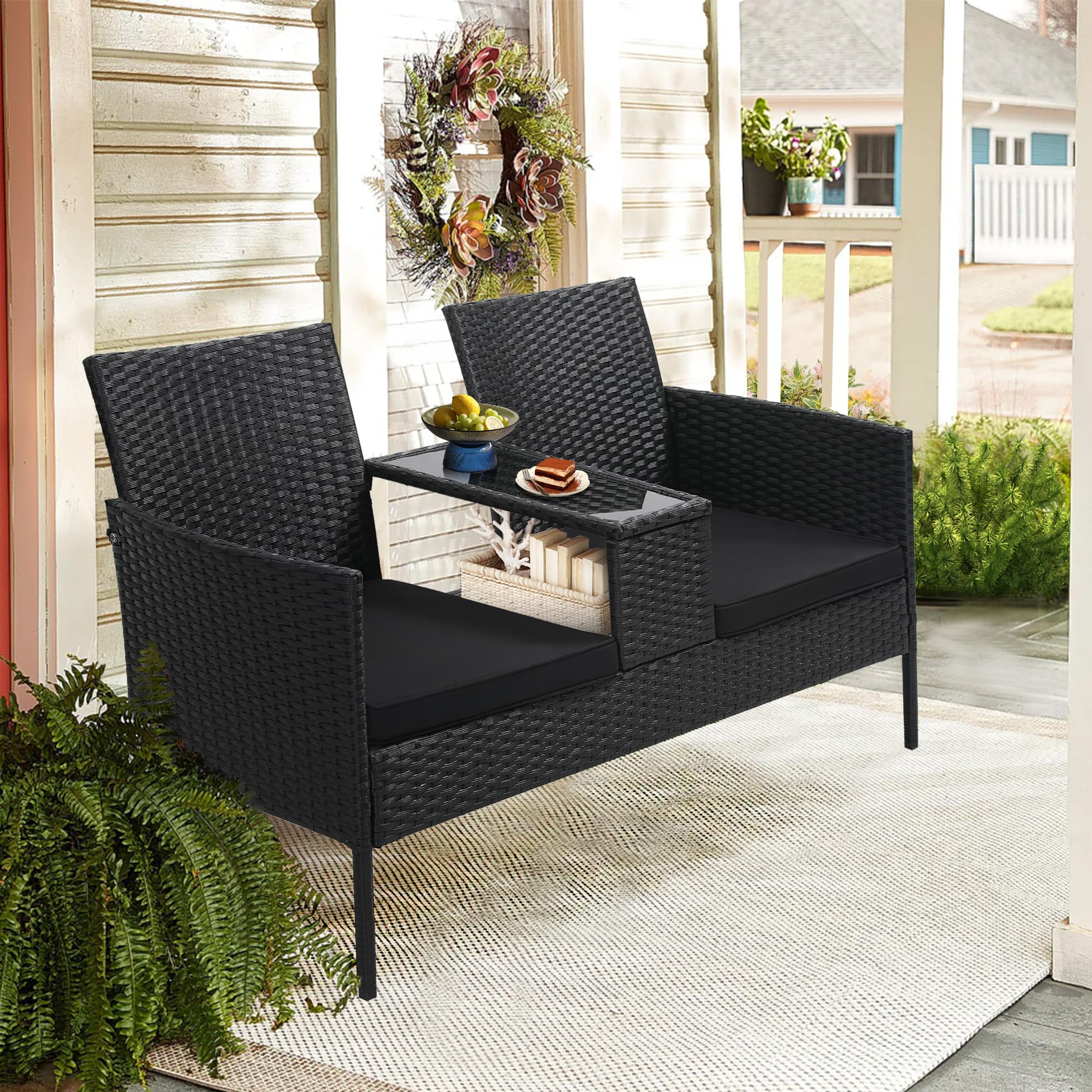 Wicker 2 Seat Patio Conversation Set, Outdoor Rattan Loveseat with Table