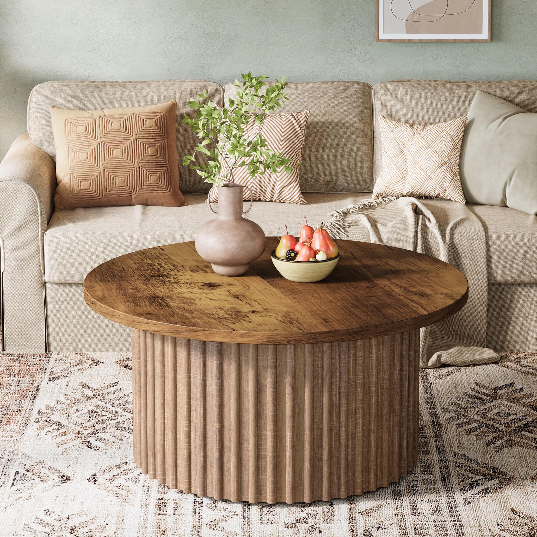 31.5" Round Coffee Table, Farmhouse Circle Coffee Table with Metal Base