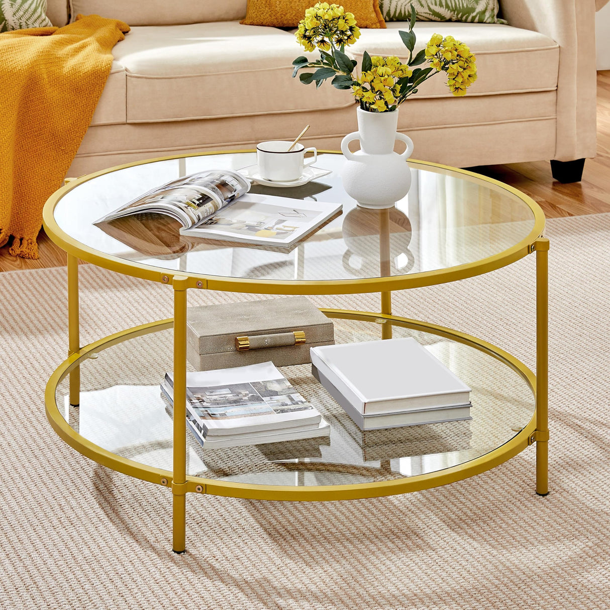 36" Round Coffee Table, Glass Coffee Table with Storage Shelf