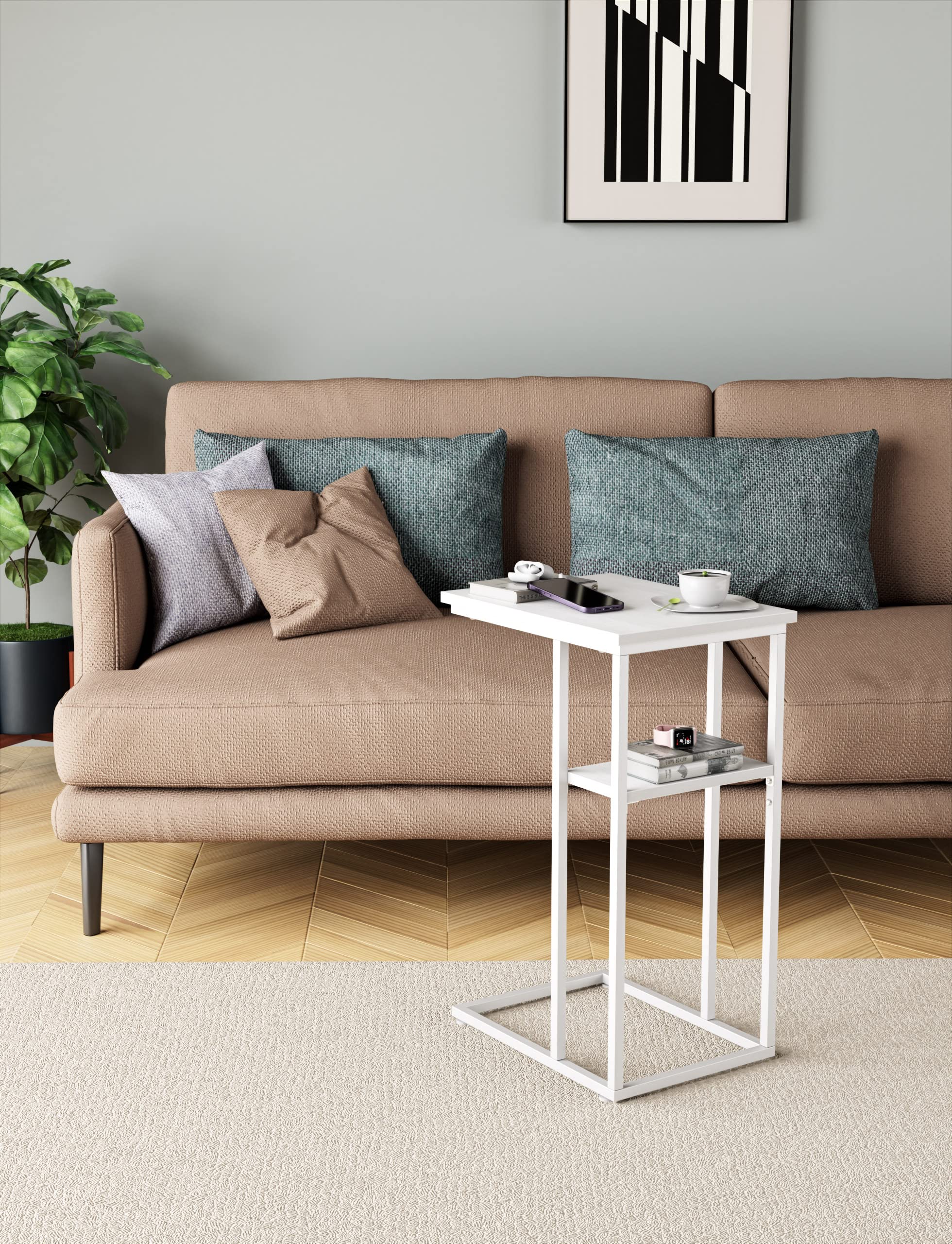 C Shaped End Table, Side Table with Metal Frame, TV Tray Table for Couch